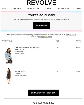 abandoned cart mail sent by Revolve